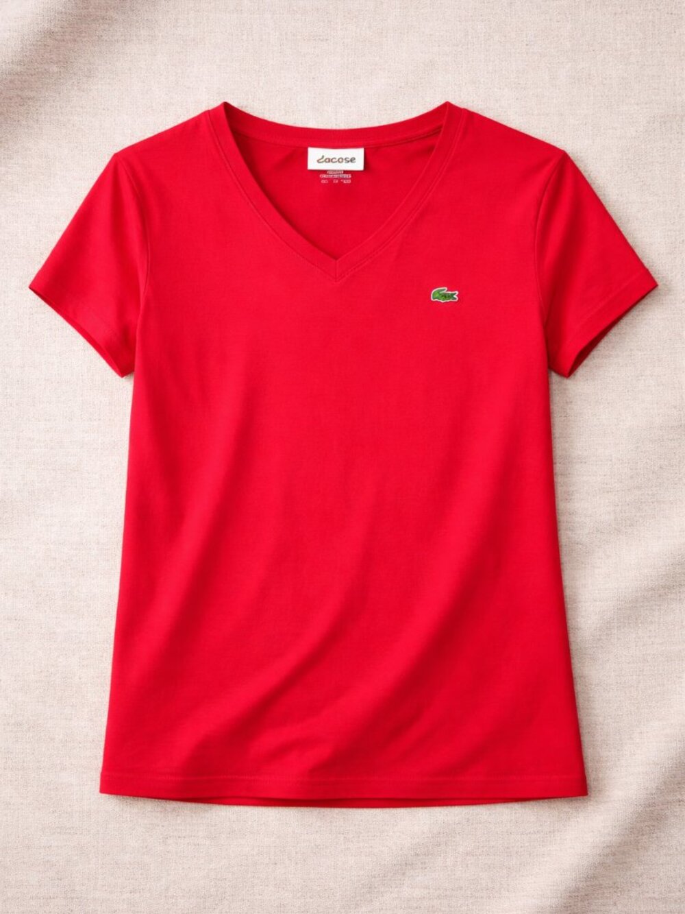 Lacoste Red V Neck Tee Prima Cotton Logo Shirt XXL Fits Like L XL